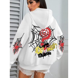 Plus Size Spider Web Print Kangaroo Pocket Hoodie, Casual Long Sleeve Drawstring Hoodies Sweatshirt For Spring & Fall, Women's Plus Size Clothing