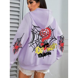 Plus Size Spider Web Print Kangaroo Pocket Hoodie, Casual Long Sleeve Drawstring Hoodies Sweatshirt For Spring & Fall, Women's Plus Size Clothing
