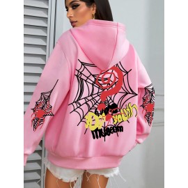 Plus Size Spider Web Print Kangaroo Pocket Hoodie, Casual Long Sleeve Drawstring Hoodies Sweatshirt For Spring & Fall, Women's Plus Size Clothing