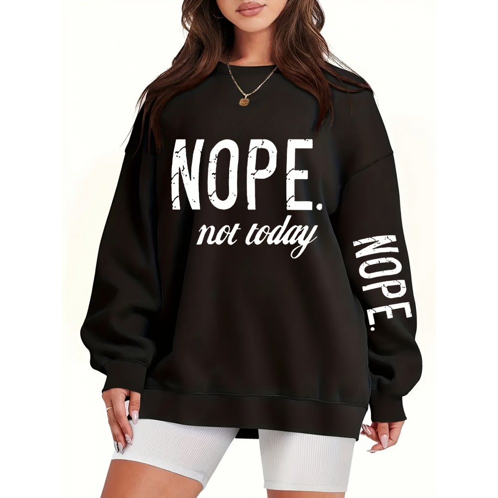 Plus Size NOPE Print Pullover Sweatshirt - Soft Slight Stretch Polyester Crew Neck Long Sleeve Casual Top - Cartoon Patterned Positioning Printing for Fall/Winter Season