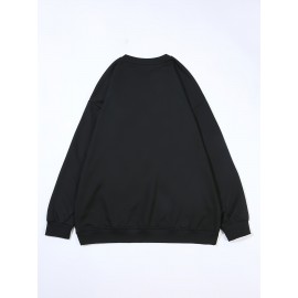 Plus Size NOPE Print Pullover Sweatshirt - Soft Slight Stretch Polyester Crew Neck Long Sleeve Casual Top - Cartoon Patterned Positioning Printing for Fall/Winter Season