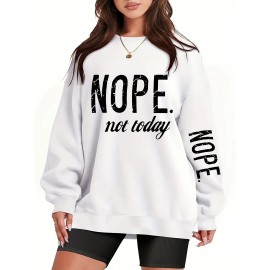 Plus Size NOPE Print Pullover Sweatshirt - Soft Slight Stretch Polyester Crew Neck Long Sleeve Casual Top - Cartoon Patterned Positioning Printing for Fall/Winter Season
