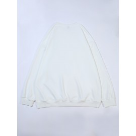 Plus Size NOPE Print Pullover Sweatshirt - Soft Slight Stretch Polyester Crew Neck Long Sleeve Casual Top - Cartoon Patterned Positioning Printing for Fall/Winter Season