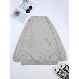 Plus Size Cartoon Bunny Print Pullover Sweatshirt - Soft Slight Stretch Polyester Crew Neck Casual Top for Fall and Spring - Womens Cozy Knit Fabric Clothing with Positioning Printing