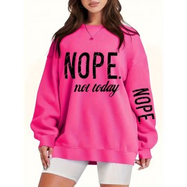 Plus Size NOPE Print Pullover Sweatshirt - Soft Slight Stretch Polyester Crew Neck Long Sleeve Casual Top - Cartoon Patterned Positioning Printing for Fall/Winter Season