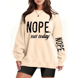 Plus Size NOPE Print Pullover Sweatshirt - Soft Slight Stretch Polyester Crew Neck Long Sleeve Casual Top - Cartoon Patterned Positioning Printing for Fall/Winter Season