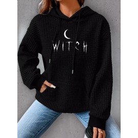 Plus Size Moon Print Hoodie, Casual Kangaroo Pocket Drawstring Long Sleeve Hooded Sweatshirt, Women's Plus Size Clothing
