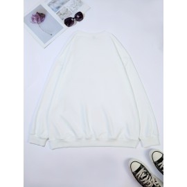 Plus Size Cartoon Print Crew Neck Pullover Sweatshirt - Soft Slight Stretch Polyester Material, Casual Long Sleeve Fall/Winter Wear, Hand Wash Only, Positioning Printing, Knit Fabric - Womens Cozy Autumn/Winter Casual Clothing