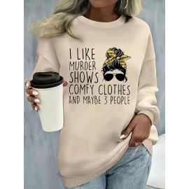 Plus Size Cartoon Print Crew Neck Pullover Sweatshirt - Soft Slight Stretch Polyester Material, Casual Long Sleeve Fall/Winter Wear, Hand Wash Only, Positioning Printing, Knit Fabric - Womens Cozy Autumn/Winter Casual Clothing