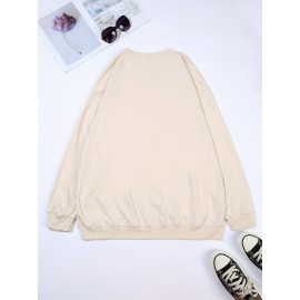 Plus Size Cartoon Print Crew Neck Pullover Sweatshirt - Soft Slight Stretch Polyester Material, Casual Long Sleeve Fall/Winter Wear, Hand Wash Only, Positioning Printing, Knit Fabric - Womens Cozy Autumn/Winter Casual Clothing