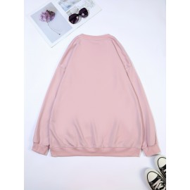 Plus Size Cartoon Bunny Print Pullover Sweatshirt - Soft Slight Stretch Polyester Crew Neck Casual Top for Fall and Spring - Womens Cozy Knit Fabric Clothing with Positioning Printing