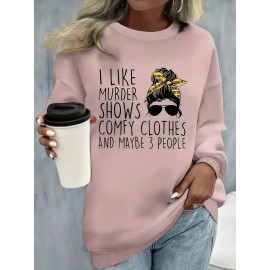 Plus Size Cartoon Print Crew Neck Pullover Sweatshirt - Soft Slight Stretch Polyester Material, Casual Long Sleeve Fall/Winter Wear, Hand Wash Only, Positioning Printing, Knit Fabric - Womens Cozy Autumn/Winter Casual Clothing