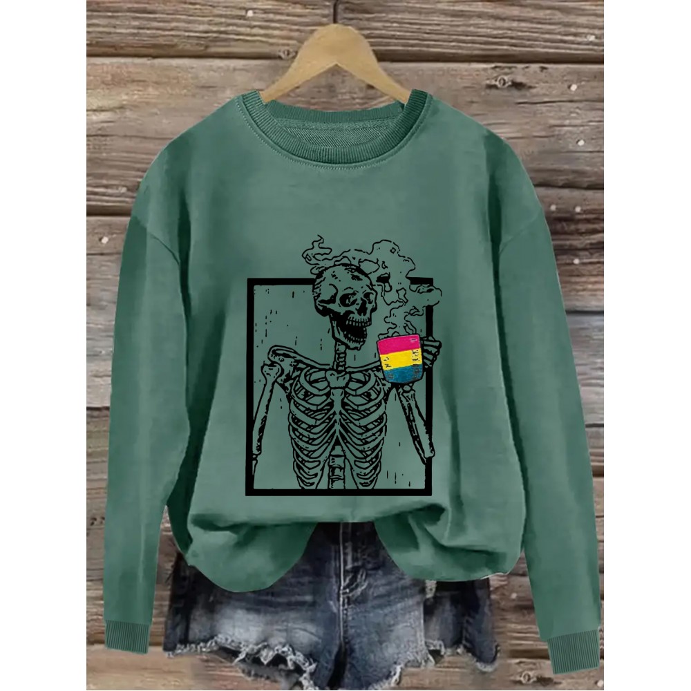 Plus Size Skeleton Print Sweatshirt, Casual Crew Neck Long Sleeve Pullover Sweatshirt, Women's Plus Size Clothing