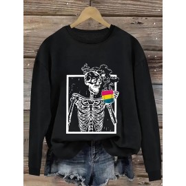 Plus Size Skeleton Print Sweatshirt, Casual Crew Neck Long Sleeve Pullover Sweatshirt, Women's Plus Size Clothing