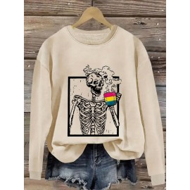 Plus Size Skeleton Print Sweatshirt, Casual Crew Neck Long Sleeve Pullover Sweatshirt, Women's Plus Size Clothing