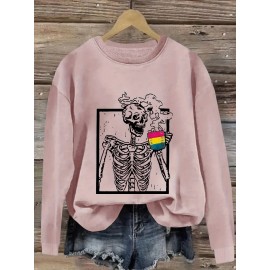 Plus Size Skeleton Print Sweatshirt, Casual Crew Neck Long Sleeve Pullover Sweatshirt, Women's Plus Size Clothing