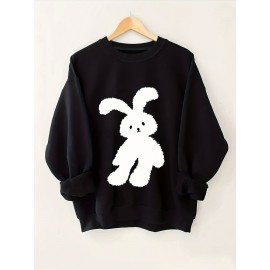 Plus Size Cartoon Bunny Print Pullover Sweatshirt - Soft Slight Stretch Polyester Crew Neck Casual Top for Fall and Spring - Womens Cozy Knit Fabric Clothing with Positioning Printing