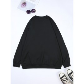 Plus Size Cartoon Bunny Print Pullover Sweatshirt - Soft Slight Stretch Polyester Crew Neck Casual Top for Fall and Spring - Womens Cozy Knit Fabric Clothing with Positioning Printing