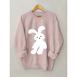 Plus Size Cartoon Bunny Print Pullover Sweatshirt - Soft Slight Stretch Polyester Crew Neck Casual Top for Fall and Spring - Womens Cozy Knit Fabric Clothing with Positioning Printing