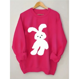 Plus Size Cartoon Bunny Print Pullover Sweatshirt - Soft Slight Stretch Polyester Crew Neck Casual Top for Fall and Spring - Womens Cozy Knit Fabric Clothing with Positioning Printing
