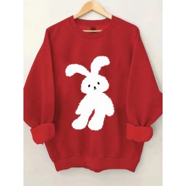 Plus Size Cartoon Bunny Print Pullover Sweatshirt - Soft Slight Stretch Polyester Crew Neck Casual Top for Fall and Spring - Womens Cozy Knit Fabric Clothing with Positioning Printing