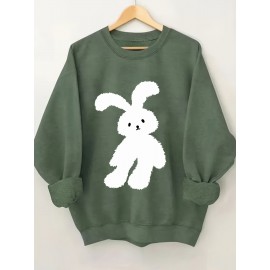 Plus Size Cartoon Bunny Print Pullover Sweatshirt - Soft Slight Stretch Polyester Crew Neck Casual Top for Fall and Spring - Womens Cozy Knit Fabric Clothing with Positioning Printing