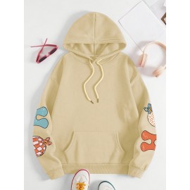 Plus Size Graphic Print Kangaroo Pocket Hoodie, Casual Long Sleeve Drawstring Hoodies Sweatshirt For Spring & Fall, Women's Plus Size Clothing