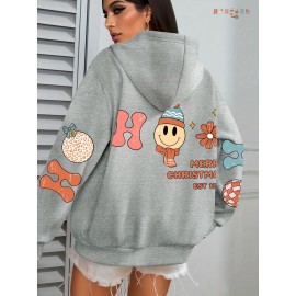 Plus Size Graphic Print Kangaroo Pocket Hoodie, Casual Long Sleeve Drawstring Hoodies Sweatshirt For Spring & Fall, Women's Plus Size Clothing
