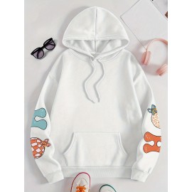 Plus Size Graphic Print Kangaroo Pocket Hoodie, Casual Long Sleeve Drawstring Hoodies Sweatshirt For Spring & Fall, Women's Plus Size Clothing