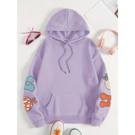 Plus Size Graphic Print Kangaroo Pocket Hoodie, Casual Long Sleeve Drawstring Hoodies Sweatshirt For Spring & Fall, Women's Plus Size Clothing