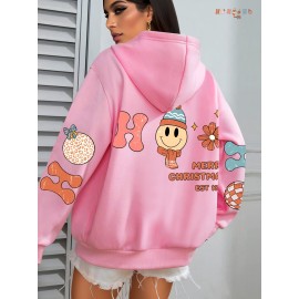 Plus Size Graphic Print Kangaroo Pocket Hoodie, Casual Long Sleeve Drawstring Hoodies Sweatshirt For Spring & Fall, Women's Plus Size Clothing