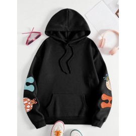 Plus Size Graphic Print Kangaroo Pocket Hoodie, Casual Long Sleeve Drawstring Hoodies Sweatshirt For Spring & Fall, Women's Plus Size Clothing