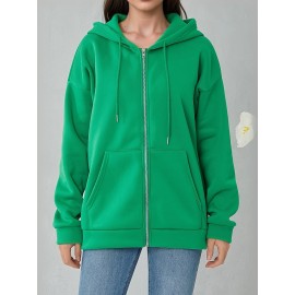 Plus Size Solid Color Hooded Sweatshirt, Casual Long Sleeve Zipper Front Pockets Drawstring Sweatshirt For Spring & Fall, Women's Plus Size Clothing