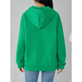 Plus Size Solid Color Hooded Sweatshirt, Casual Long Sleeve Zipper Front Pockets Drawstring Sweatshirt For Spring & Fall, Women's Plus Size Clothing