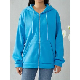 Plus Size Solid Color Hooded Sweatshirt, Casual Long Sleeve Zipper Front Pockets Drawstring Sweatshirt For Spring & Fall, Women's Plus Size Clothing