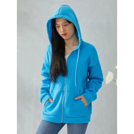 Plus Size Solid Color Hooded Sweatshirt, Casual Long Sleeve Zipper Front Pockets Drawstring Sweatshirt For Spring & Fall, Women's Plus Size Clothing