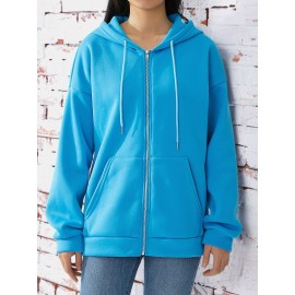 Plus Size Solid Color Hooded Sweatshirt, Casual Long Sleeve Zipper Front Pockets Drawstring Sweatshirt For Spring & Fall, Women's Plus Size Clothing