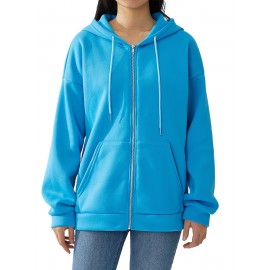 Plus Size Solid Color Hooded Sweatshirt, Casual Long Sleeve Zipper Front Pockets Drawstring Sweatshirt For Spring & Fall, Women's Plus Size Clothing