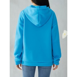 Plus Size Solid Color Hooded Sweatshirt, Casual Long Sleeve Zipper Front Pockets Drawstring Sweatshirt For Spring & Fall, Women's Plus Size Clothing
