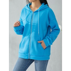 Plus Size Solid Color Hooded Sweatshirt, Casual Long Sleeve Zipper Front Pockets Drawstring Sweatshirt For Spring & Fall, Women's Plus Size Clothing