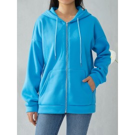 Plus Size Solid Color Hooded Sweatshirt, Casual Long Sleeve Zipper Front Pockets Drawstring Sweatshirt For Spring & Fall, Women's Plus Size Clothing