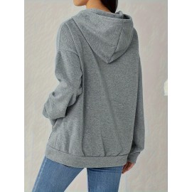 Plus Size Solid Color Hooded Sweatshirt, Casual Long Sleeve Zipper Front Pockets Drawstring Sweatshirt For Spring & Fall, Women's Plus Size Clothing