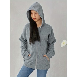 Plus Size Solid Color Hooded Sweatshirt, Casual Long Sleeve Zipper Front Pockets Drawstring Sweatshirt For Spring & Fall, Women's Plus Size Clothing