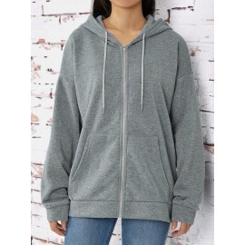 Plus Size Solid Color Hooded Sweatshirt, Casual Long Sleeve Zipper Front Pockets Drawstring Sweatshirt For Spring & Fall, Women's Plus Size Clothing