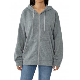 Plus Size Solid Color Hooded Sweatshirt, Casual Long Sleeve Zipper Front Pockets Drawstring Sweatshirt For Spring & Fall, Women's Plus Size Clothing