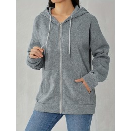 Plus Size Solid Color Hooded Sweatshirt, Casual Long Sleeve Zipper Front Pockets Drawstring Sweatshirt For Spring & Fall, Women's Plus Size Clothing