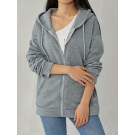 Plus Size Solid Color Hooded Sweatshirt, Casual Long Sleeve Zipper Front Pockets Drawstring Sweatshirt For Spring & Fall, Women's Plus Size Clothing