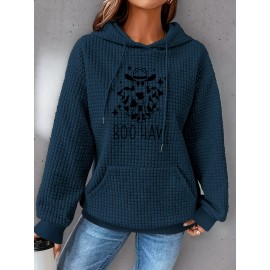 Plus Size Ghost Print Hoodie, Casual Kangaroo Pocket Drawstring Long Sleeve Hooded Sweatshirt, Women's Plus Size Clothing