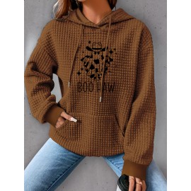 Plus Size Ghost Print Hoodie, Casual Kangaroo Pocket Drawstring Long Sleeve Hooded Sweatshirt, Women's Plus Size Clothing