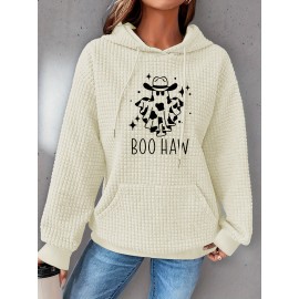 Plus Size Ghost Print Hoodie, Casual Kangaroo Pocket Drawstring Long Sleeve Hooded Sweatshirt, Women's Plus Size Clothing